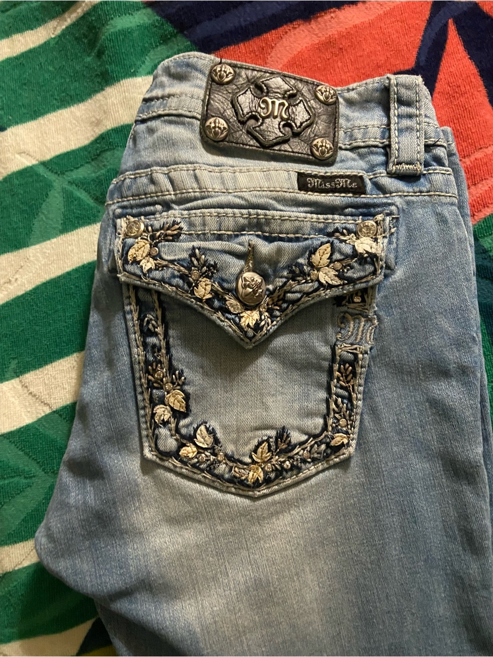 Miss Me Light Blue Boot Cut Jeans with Embroidered Floral Pockets
